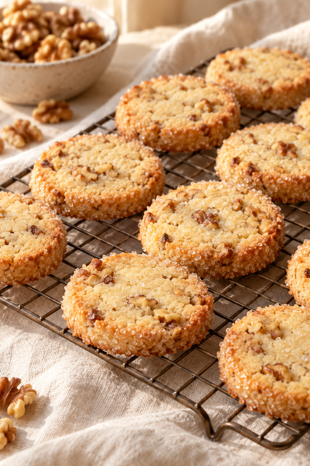 Baked walnut shortbread cookies on a serving plate