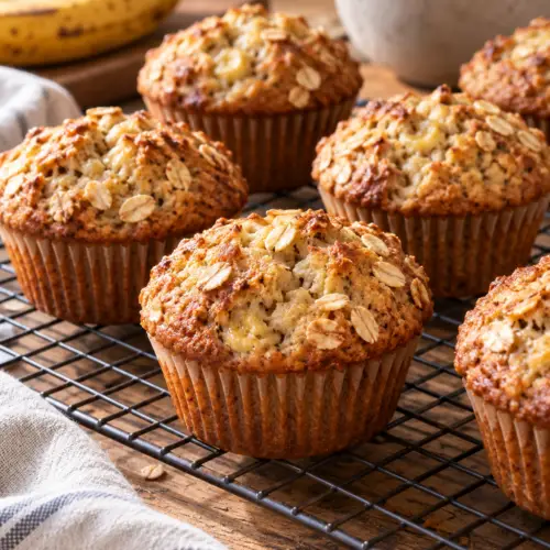 Gluten-free banana oatmeal muffins on a cooling rack