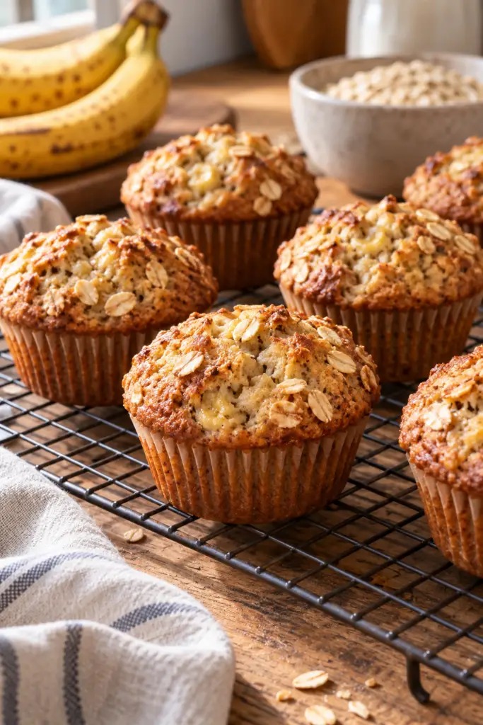 Gluten-free banana oatmeal muffins on a cooling rack