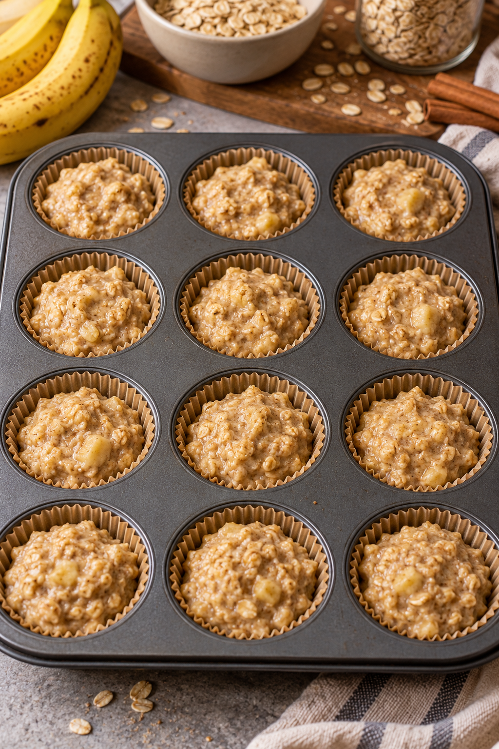 Gluten-free banana oatmeal muffin batter in a pan