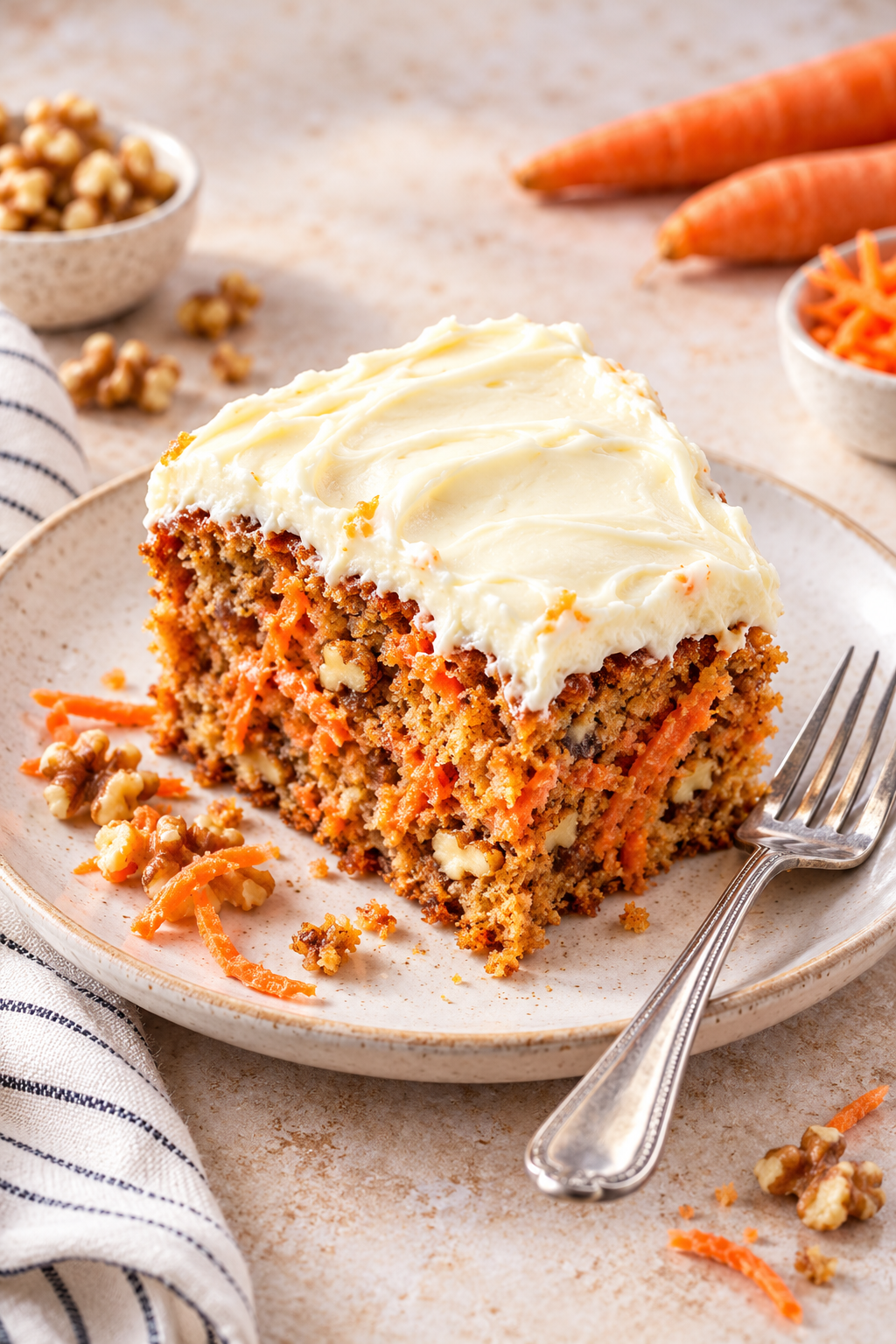 Sliced gluten-free carrot cake with cream cheese frosting