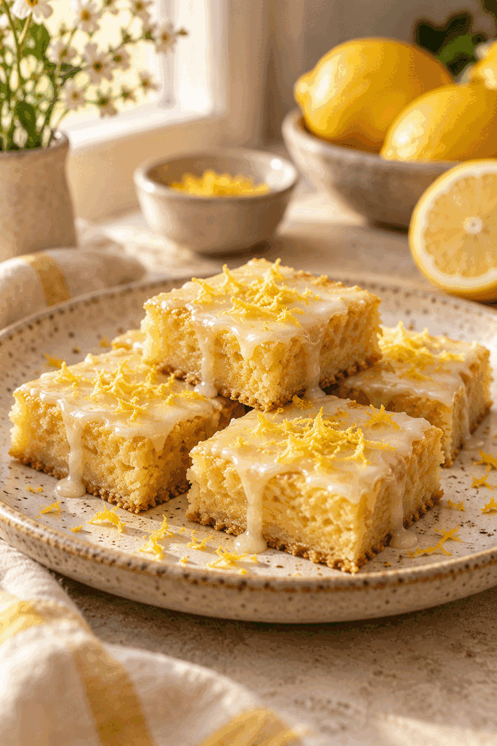 gluten free lemon brownies cut into glazed squares