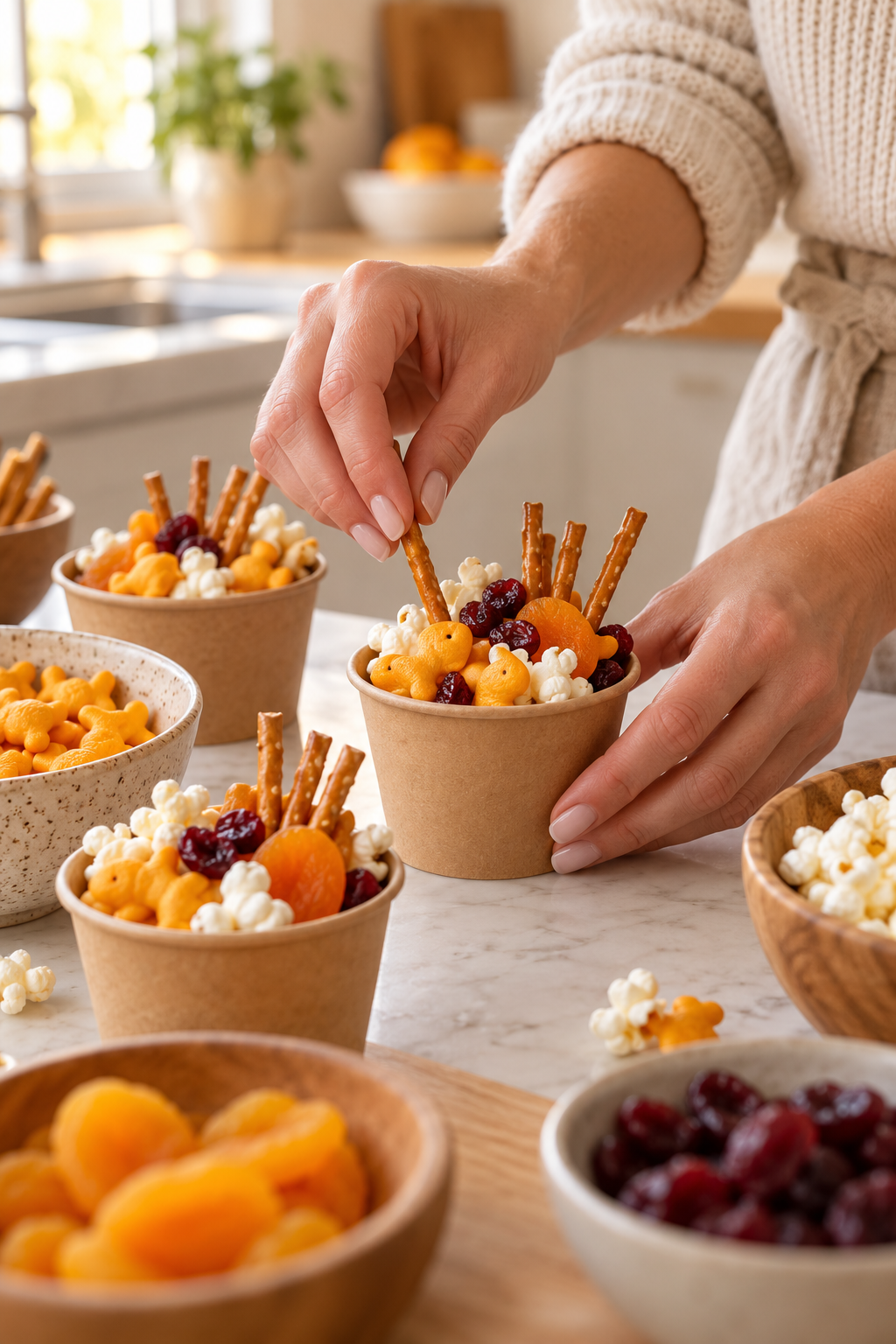 Assembling goldfish cracker snacks with popcorn and pretzels