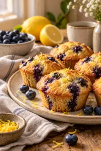 Grain free almond lemon blueberry muffins with golden tops