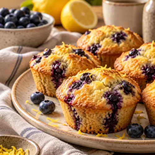 Grain free almond lemon blueberry muffins with golden tops