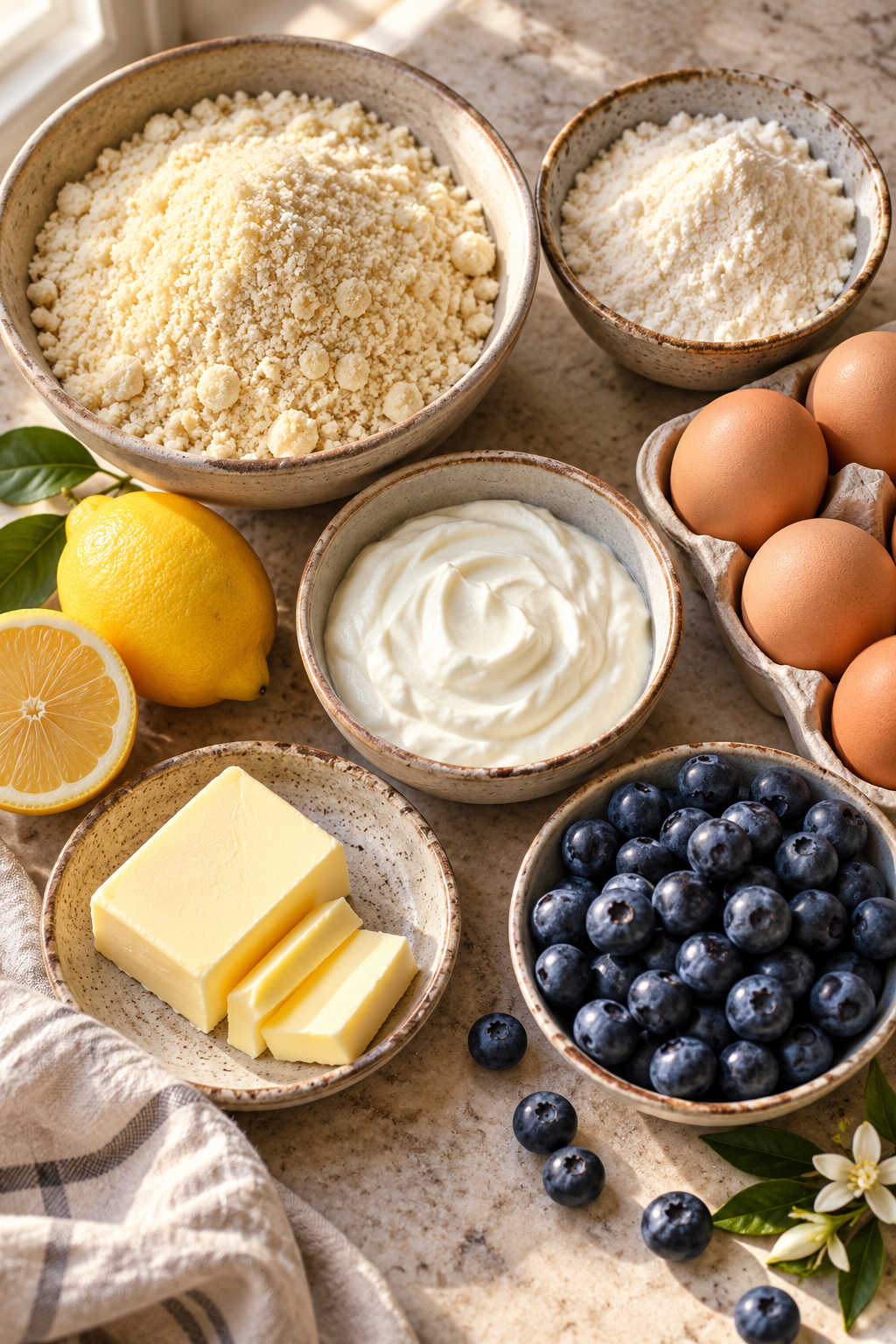 Ingredients for grain free almond lemon blueberry muffins