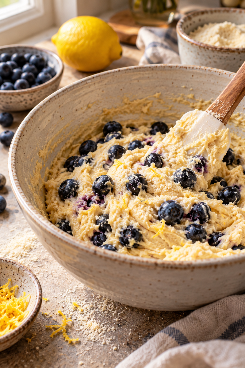 Grain free almond lemon blueberry muffin batter with blueberries