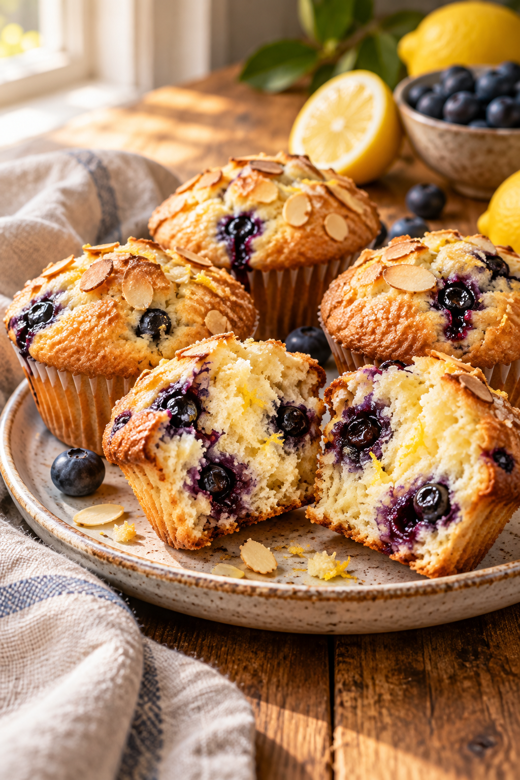 Baked grain free almond lemon blueberry muffins showing a tender crumb