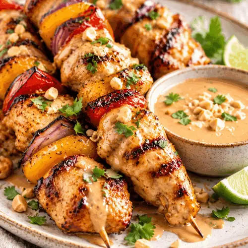 grilled chicken kabobs with peanut sauce on a platter