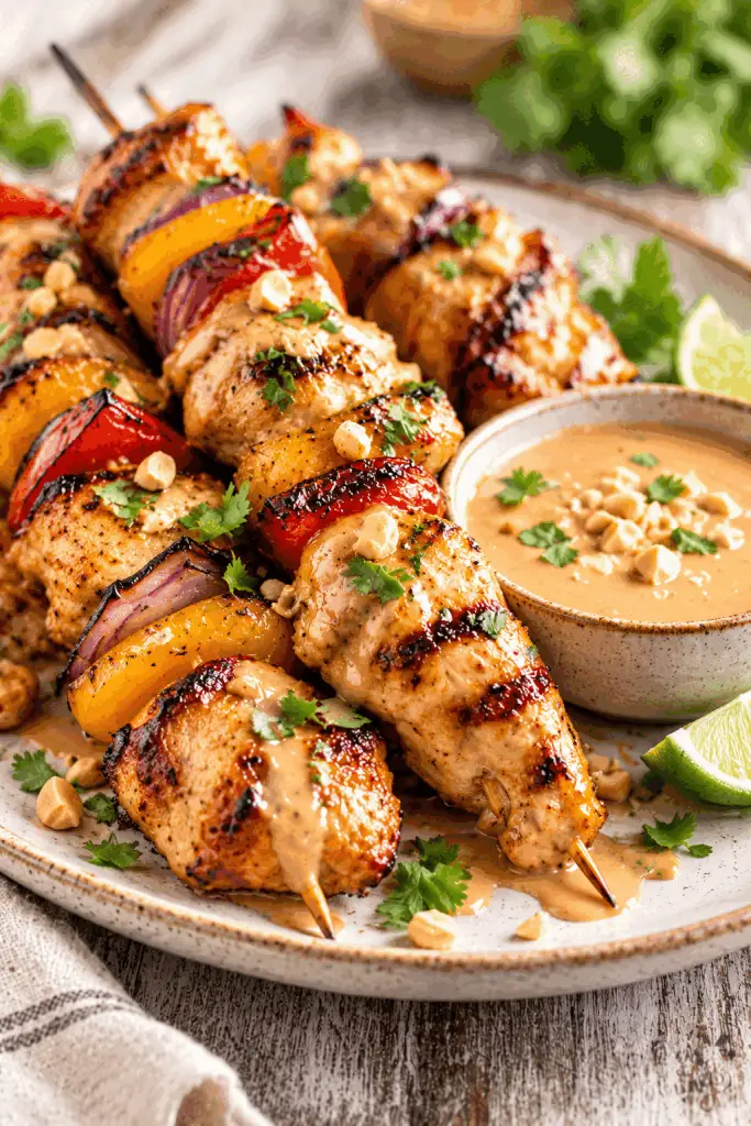 grilled chicken kabobs with peanut sauce on a platter