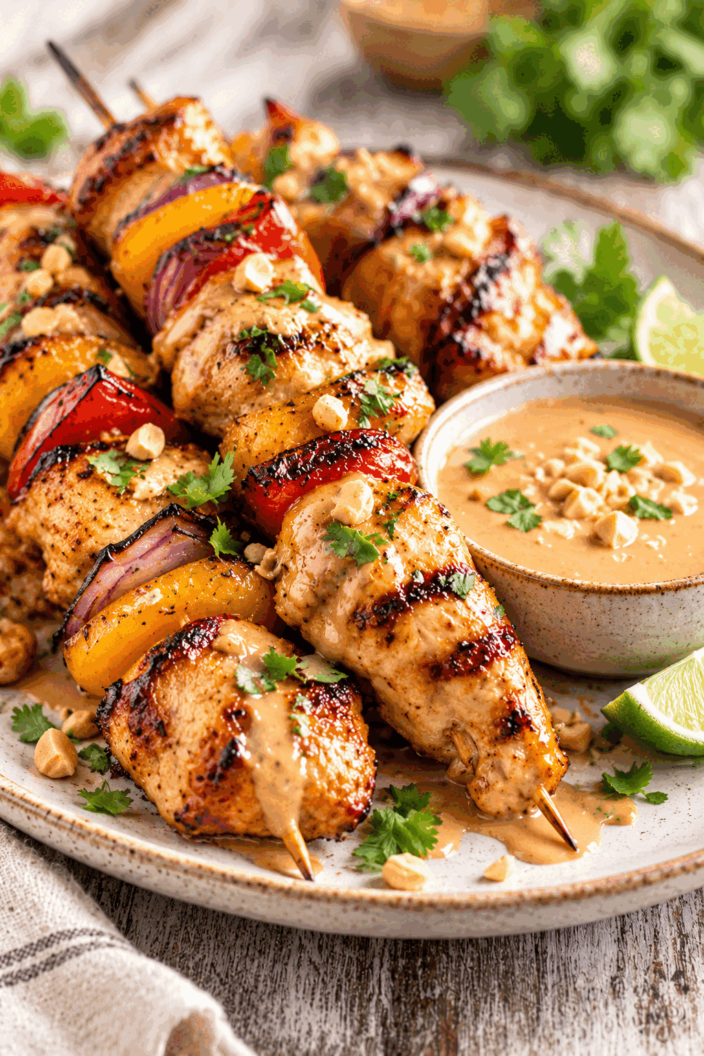 grilled chicken kabobs with peanut sauce on a platter