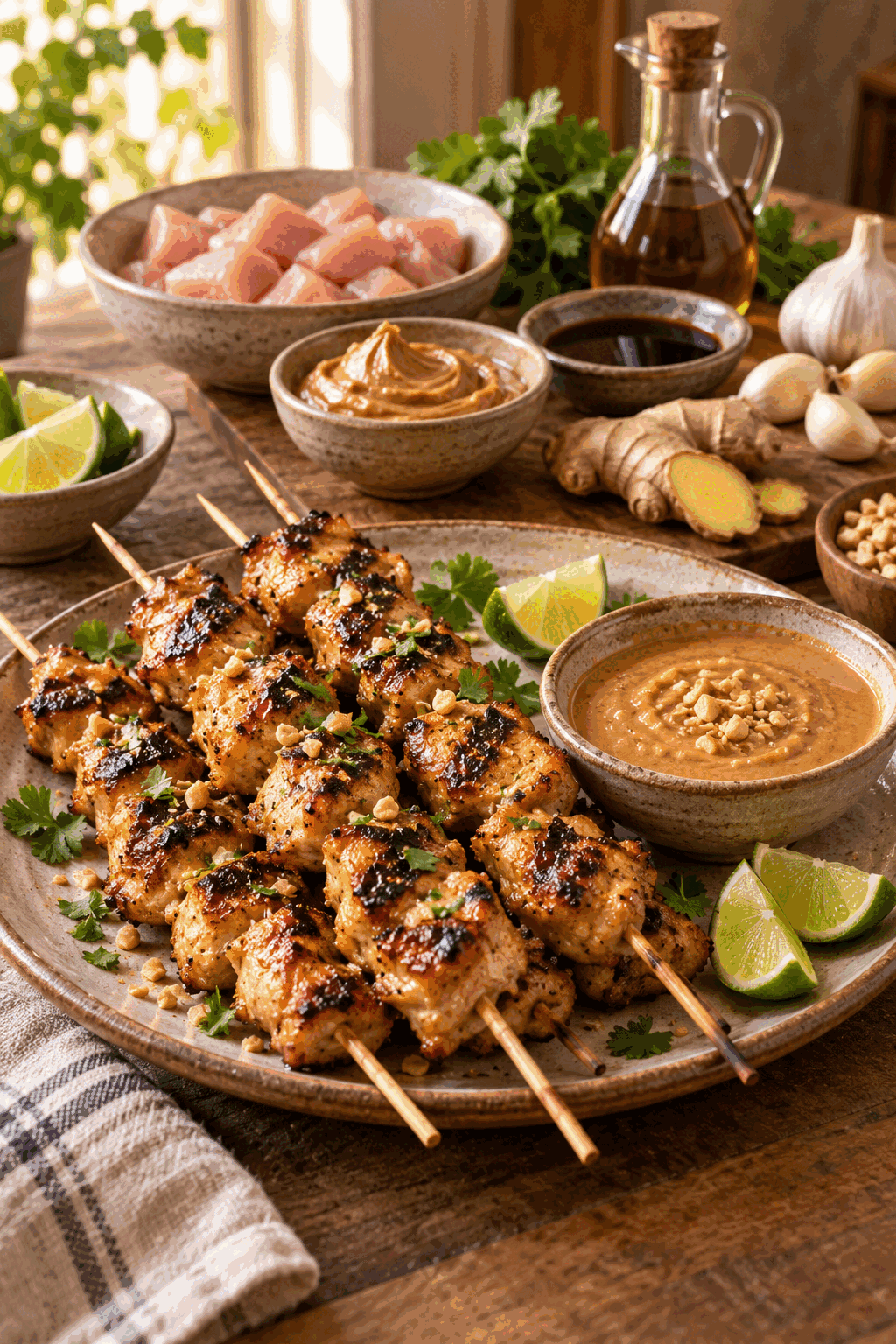 ingredients for grilled chicken kabobs with peanut sauce