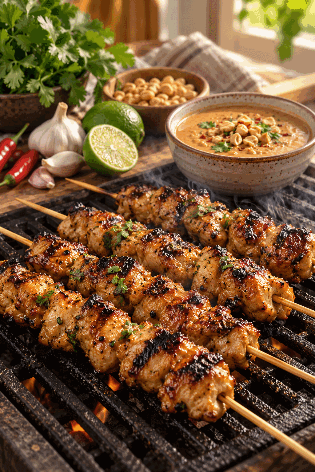 chicken kabobs grilling with peanut sauce ingredients nearby