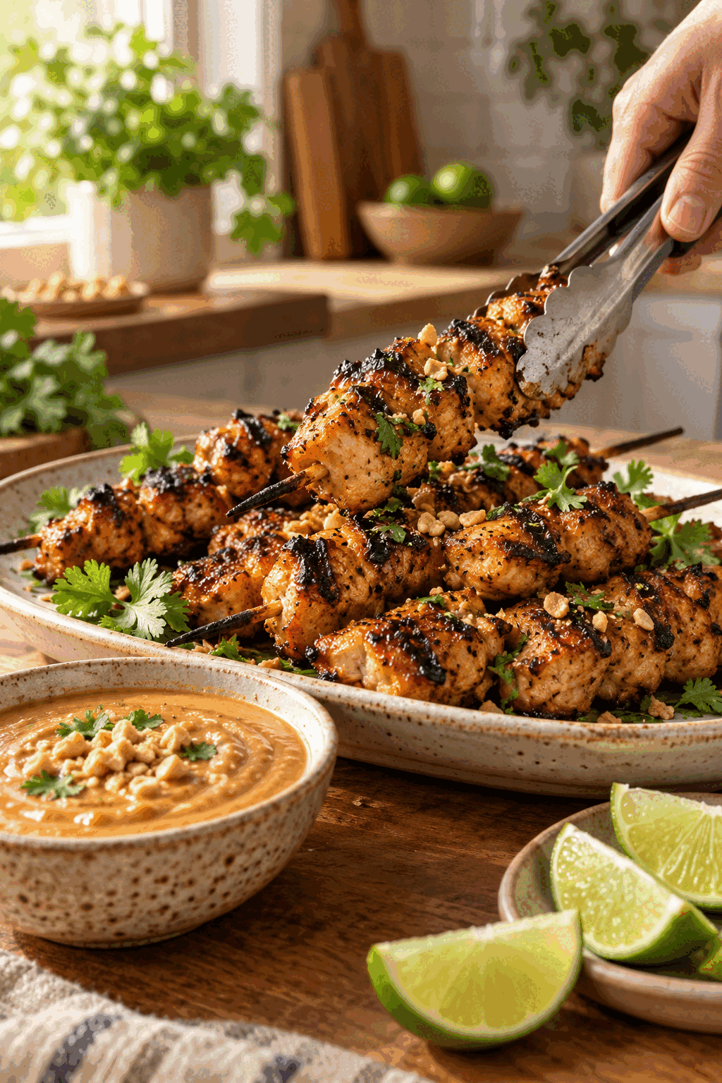 grilled chicken kabobs with peanut sauce ready to serve