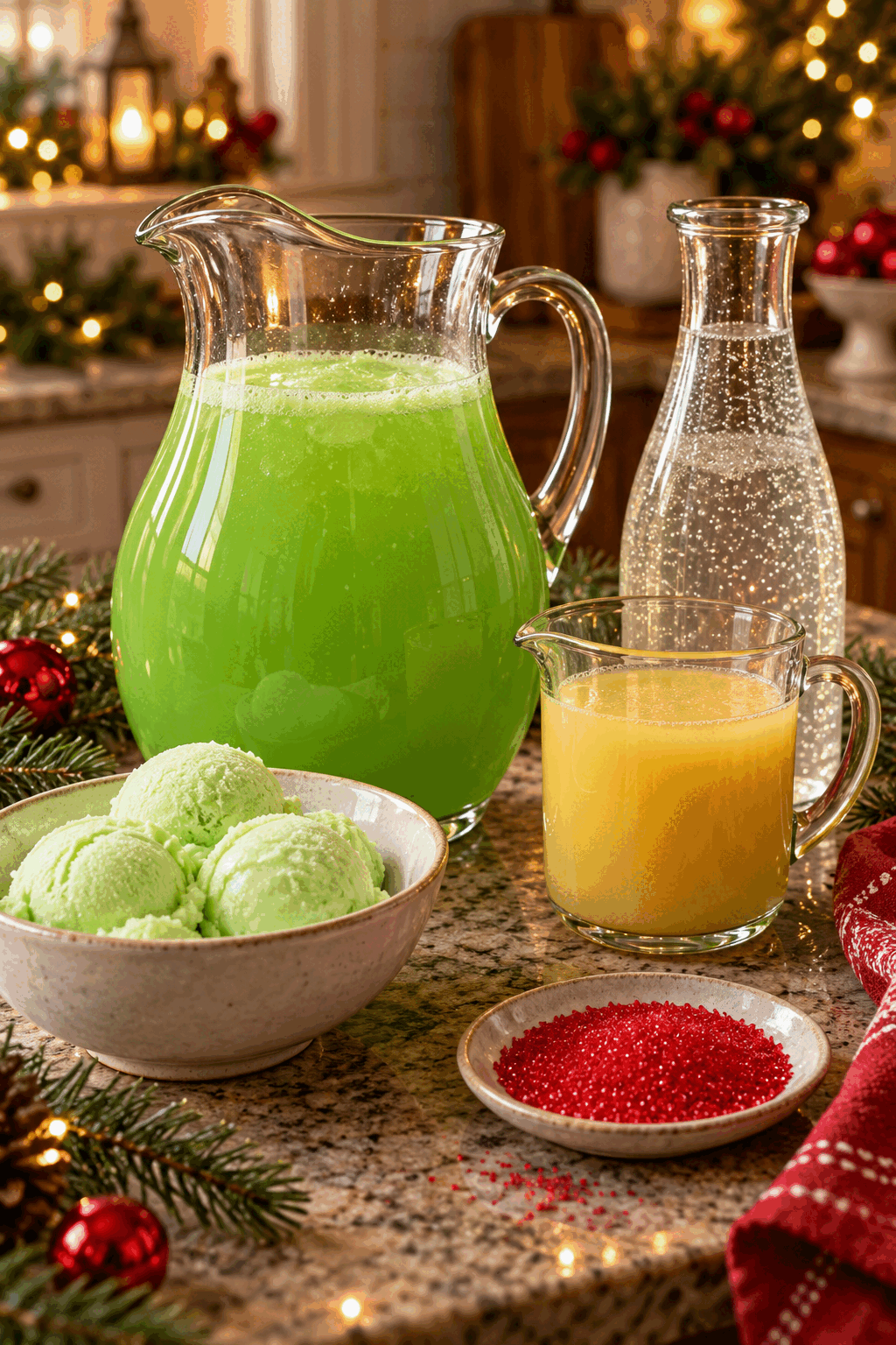 grinch punch ingredients arranged with green fruit punch, pineapple juice, soda, lime sherbet, water, and red sanding sugar