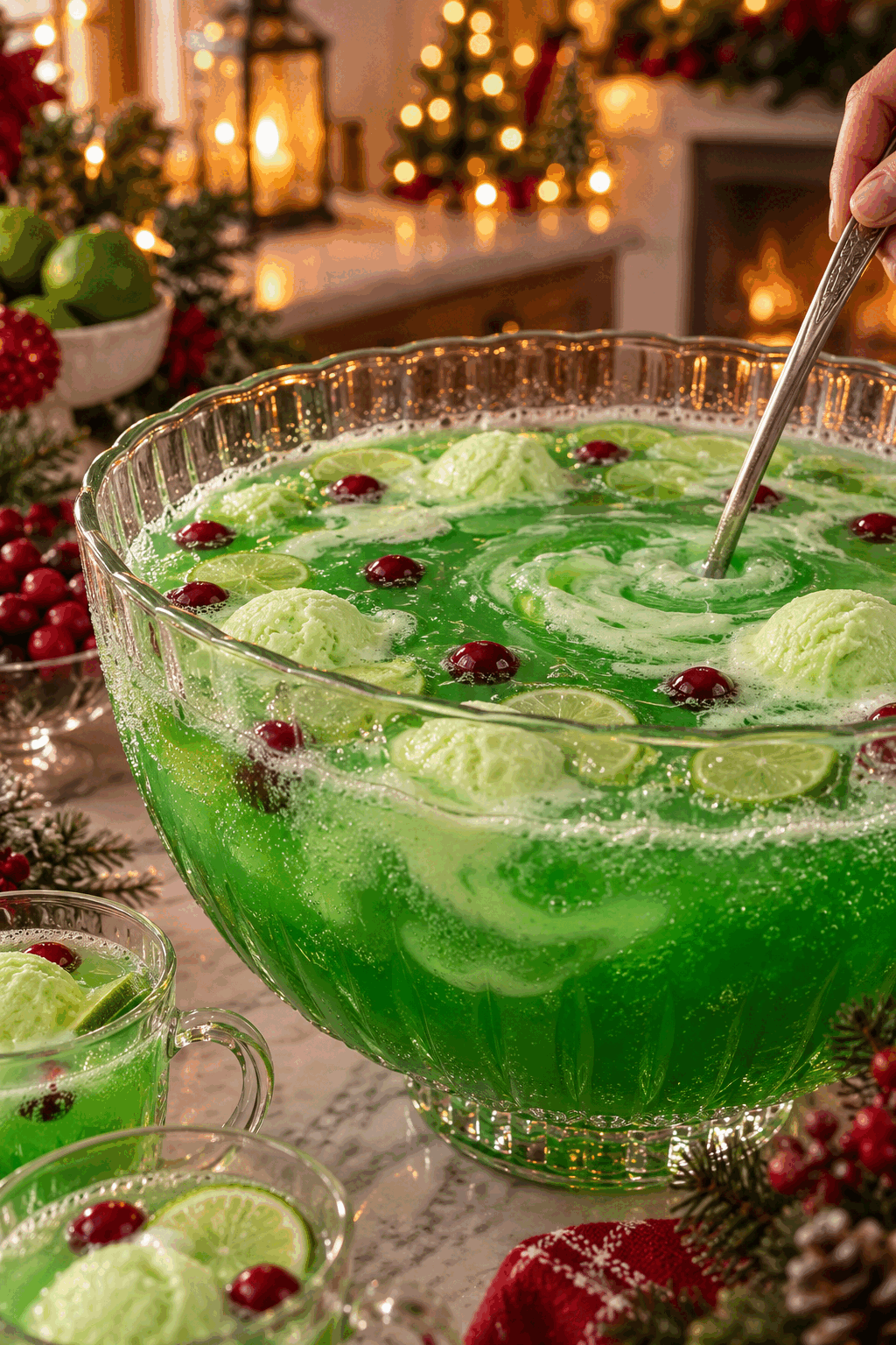 grinch punch being mixed in a punch bowl with bubbles and lime sherbet