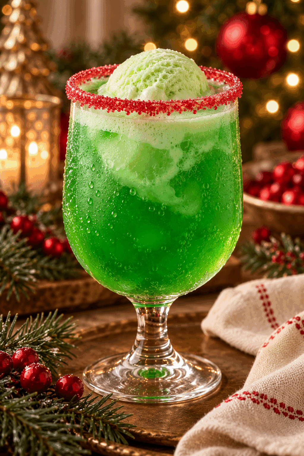grinch punch served in a red-rimmed glass with lime sherbet foam