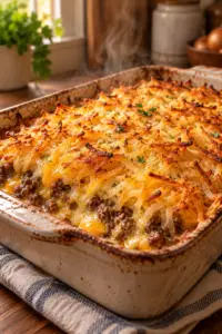 Hamburger hashbrown casserole with melted cheese