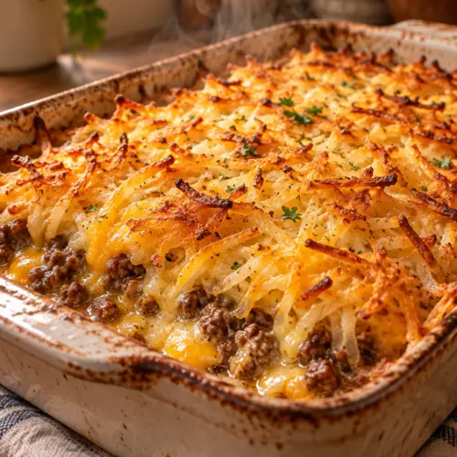 Hamburger hashbrown casserole with melted cheese