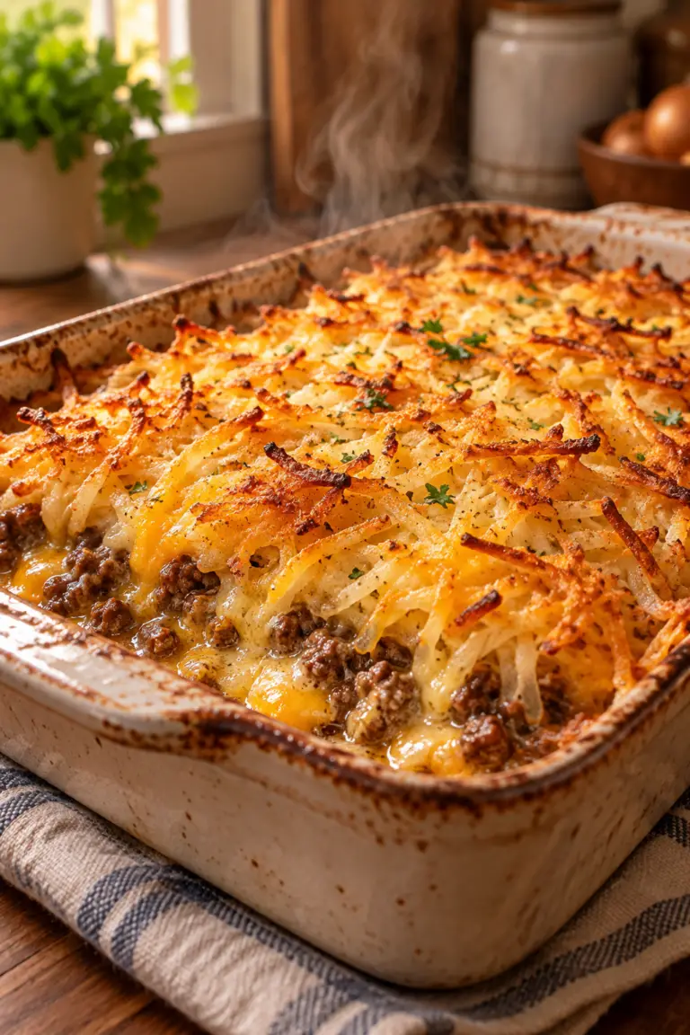 Hamburger hashbrown casserole with melted cheese