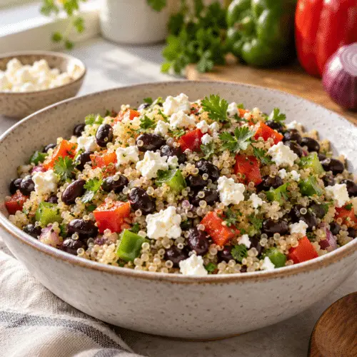 healthy black bean feta quinoa salad