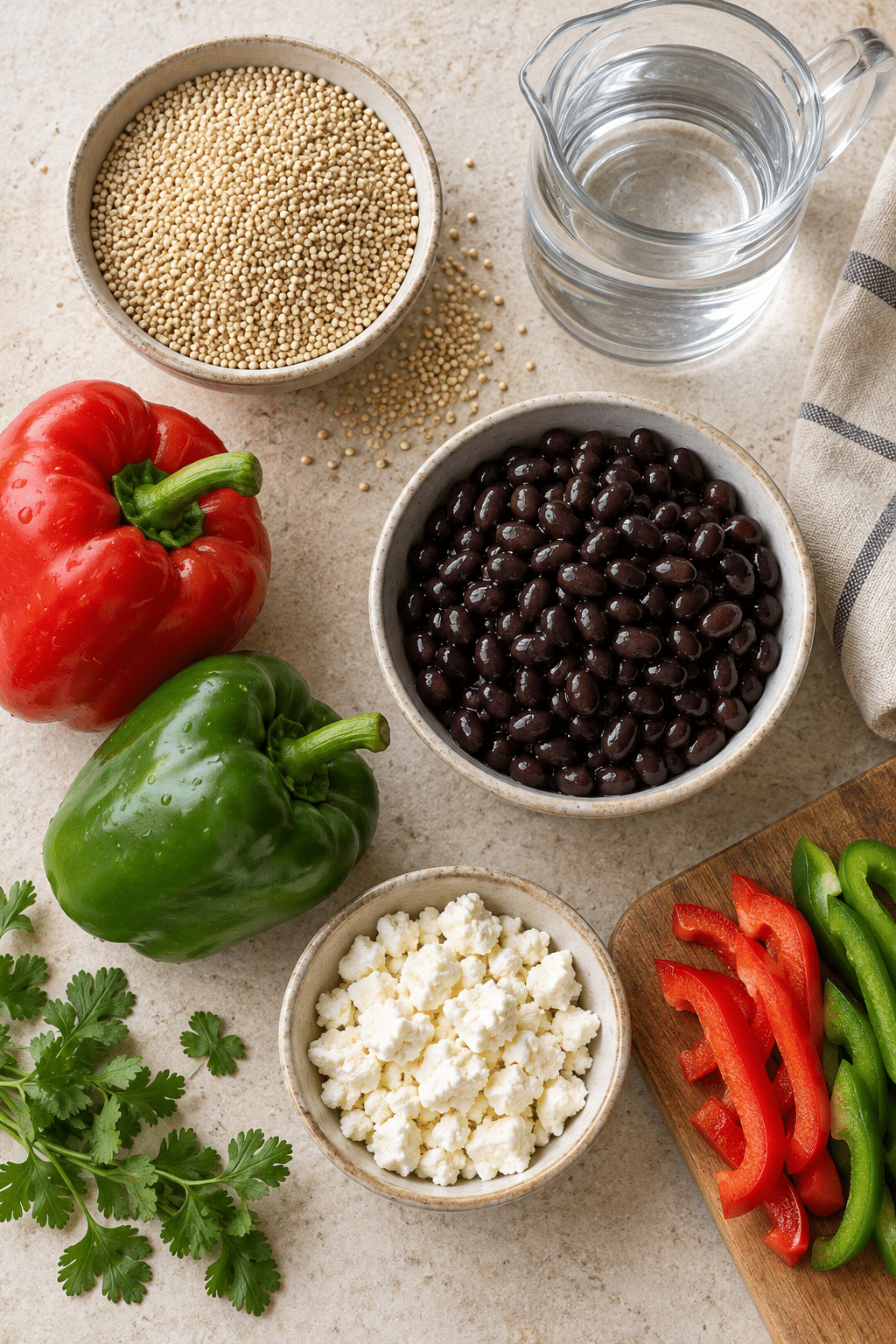 ingredients for black bean feta quinoa salad