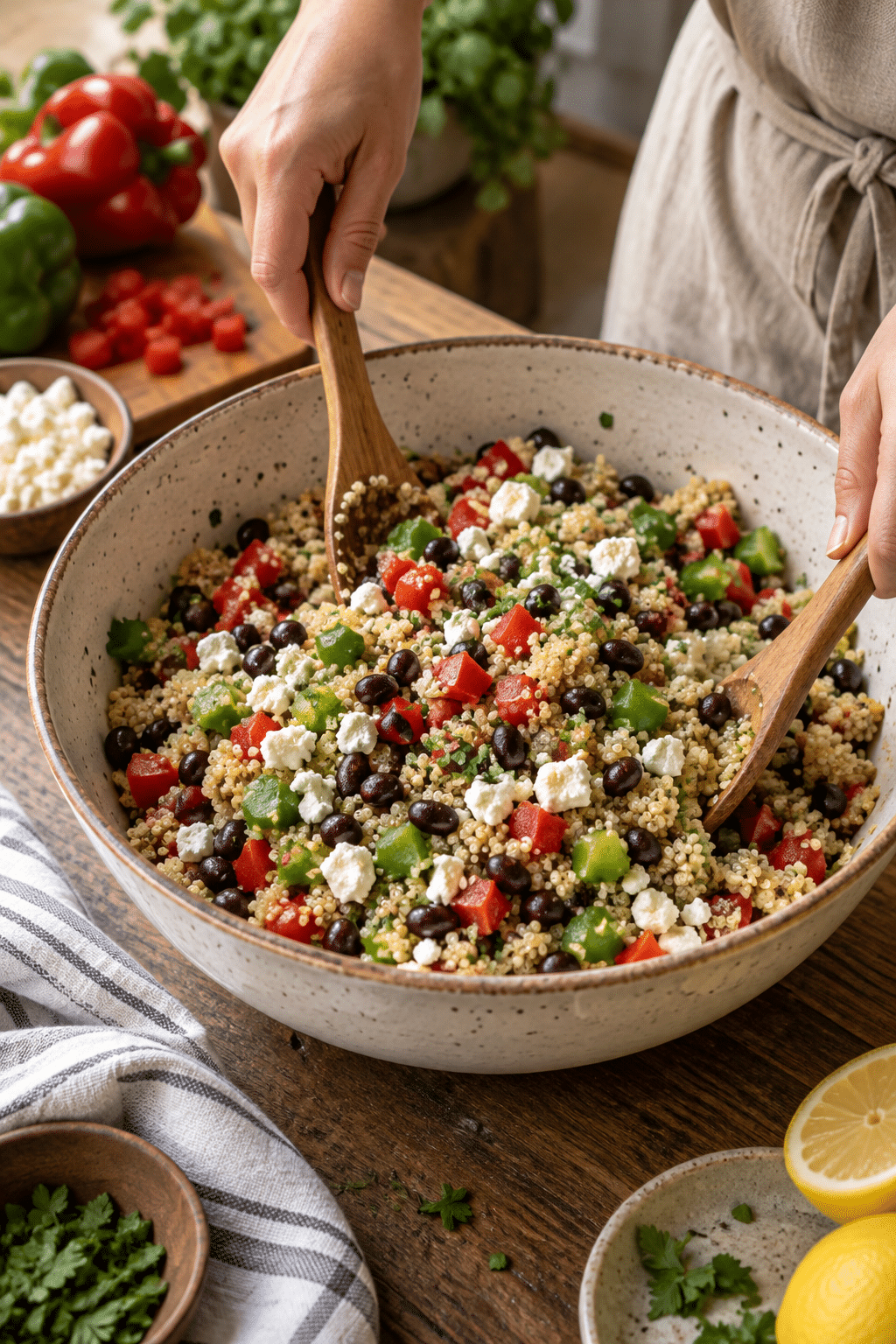 mixing quinoa black beans peppers and feta
