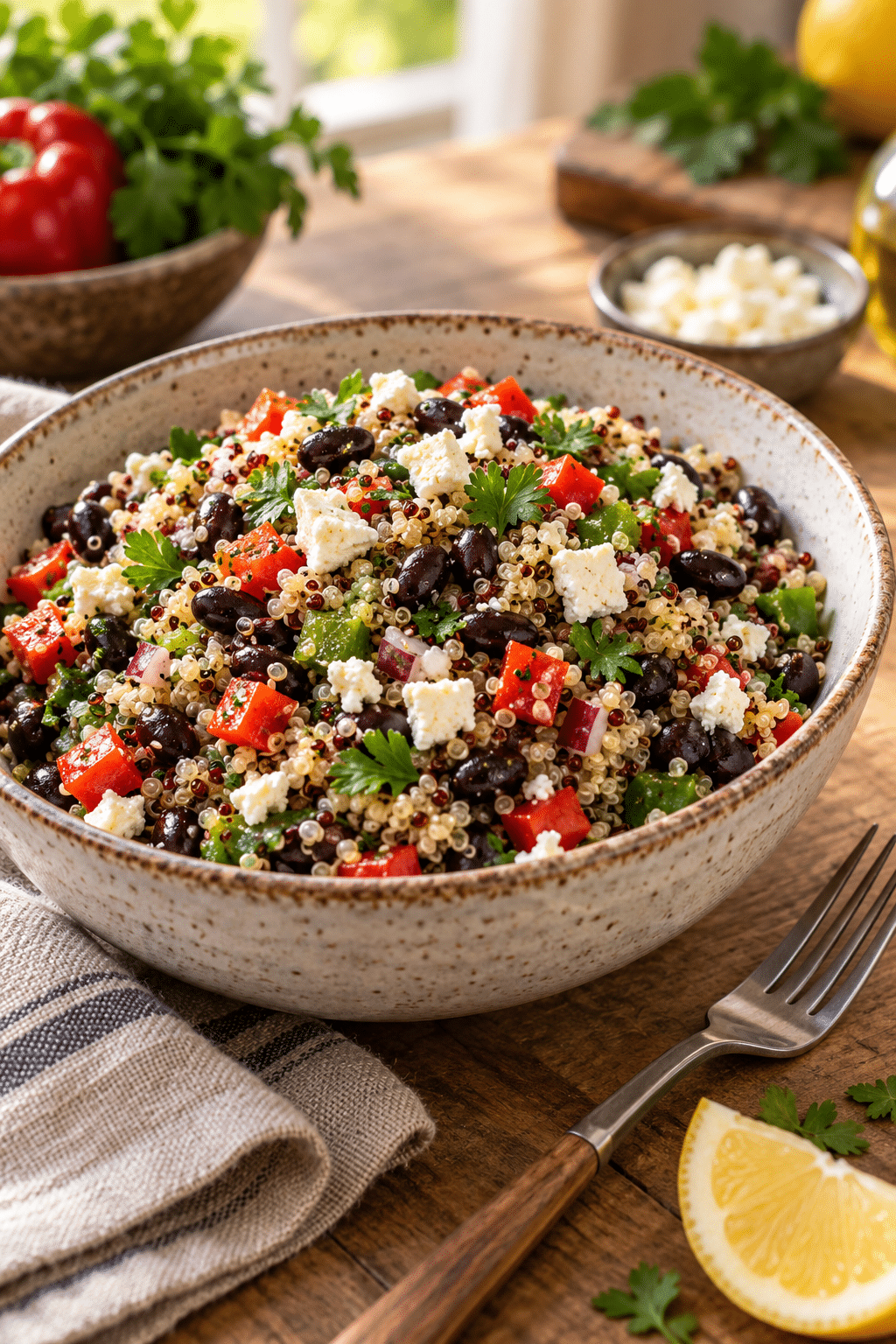healthy black bean feta quinoa salad served in a bowl