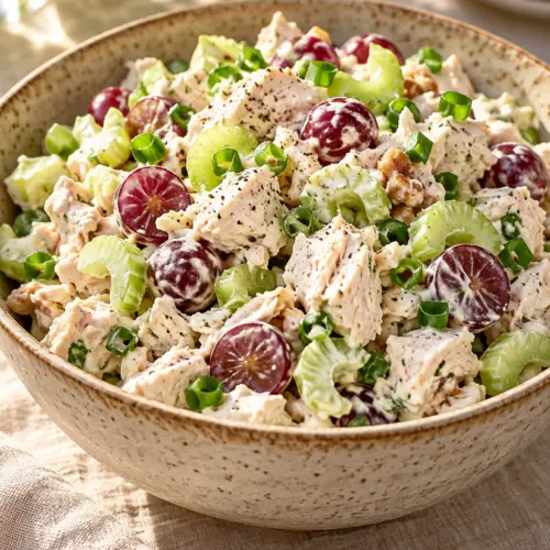 Healthy chicken salad with grapes, celery, and yogurt dressing