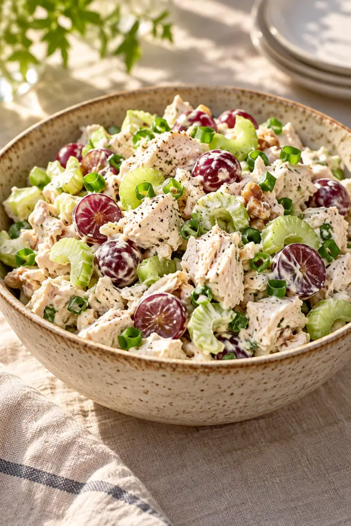 Healthy chicken salad with grapes, celery, and yogurt dressing