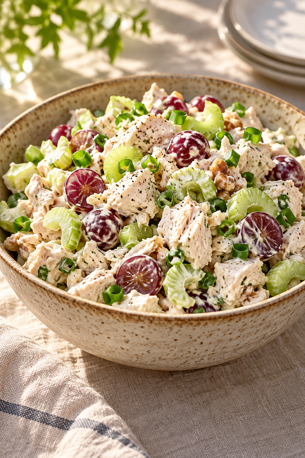 Healthy chicken salad with grapes, celery, and yogurt dressing