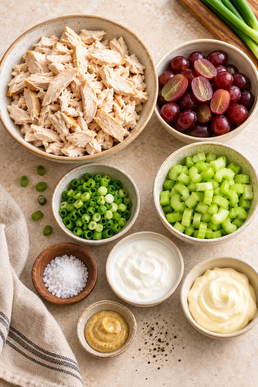 Ingredients for healthy chicken salad with grapes and celery