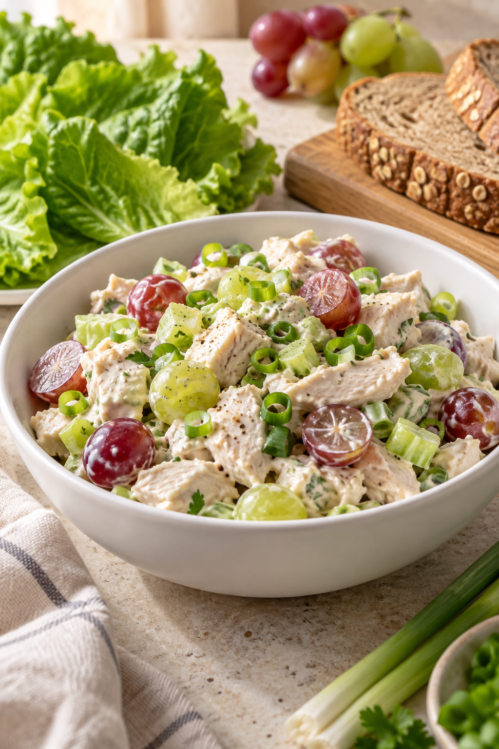 Bowl of healthy chicken salad with grapes and crisp vegetables