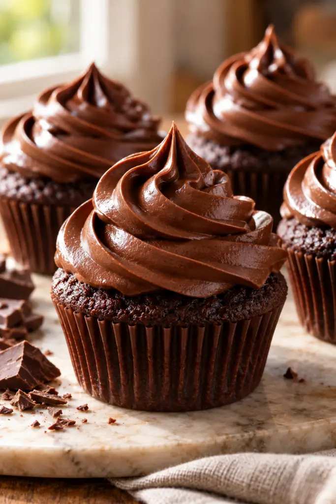 Healthy chocolate frosting on cupcakes