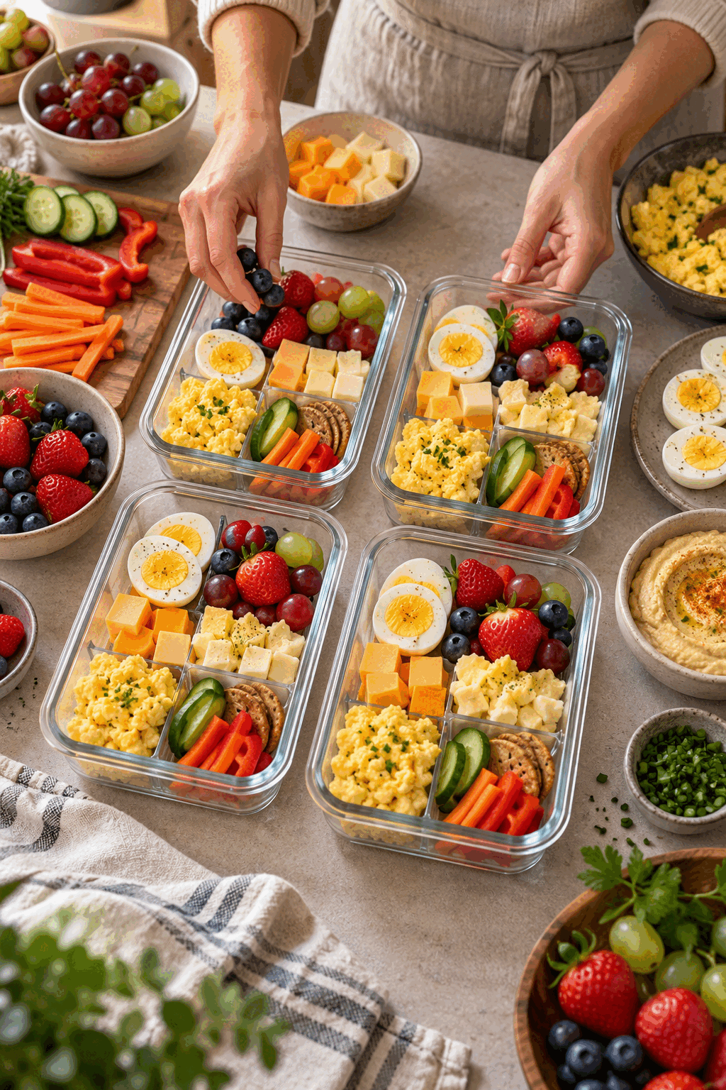 Assembling protein breakfast boxes in meal prep containers