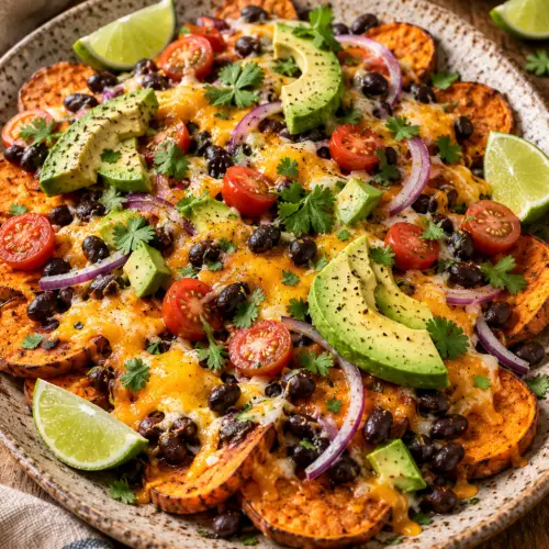 healthy sweet potato nachos with black beans and avocado