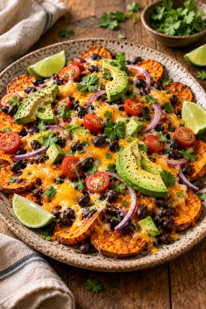 healthy sweet potato nachos with black beans and avocado