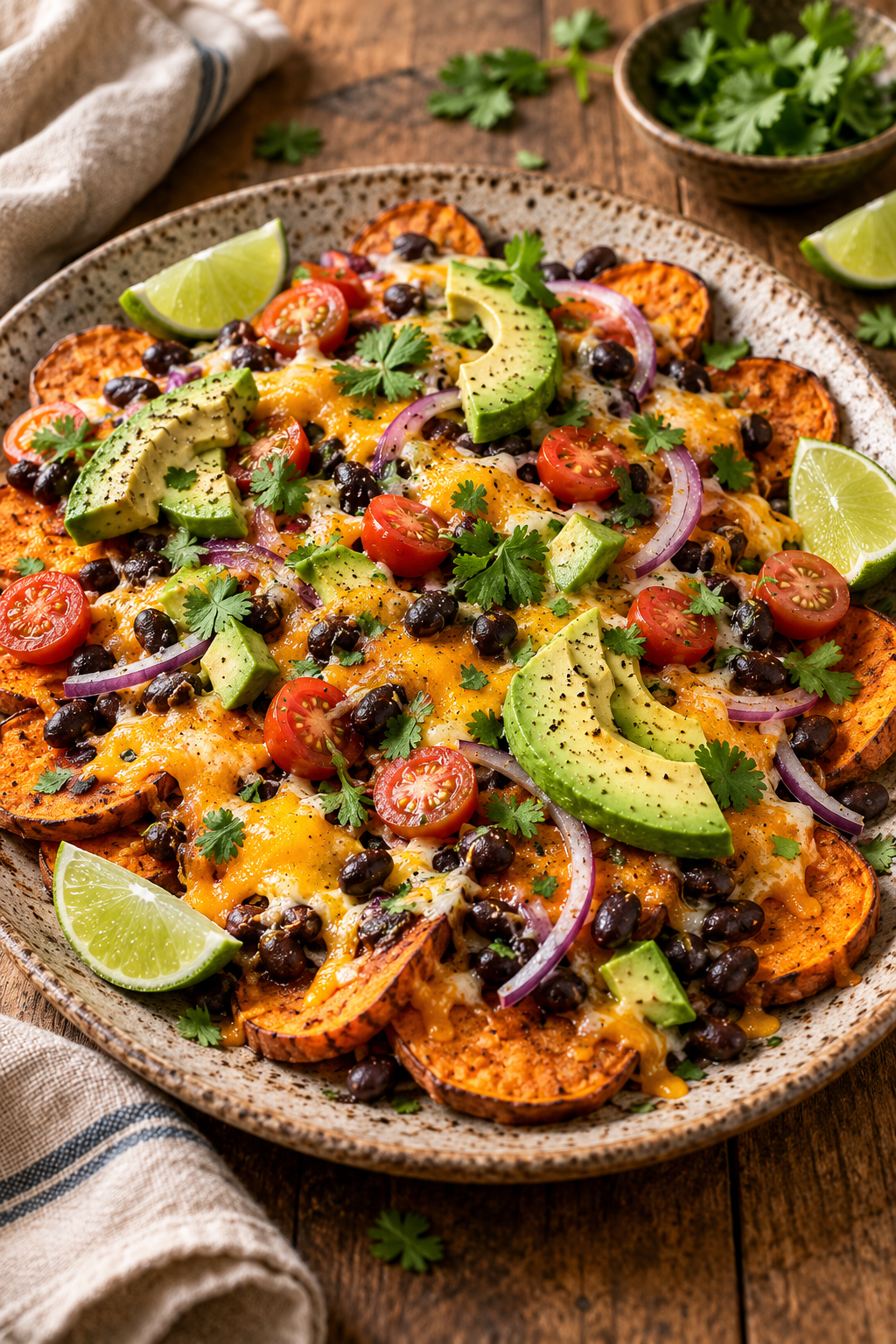 healthy sweet potato nachos with black beans and avocado