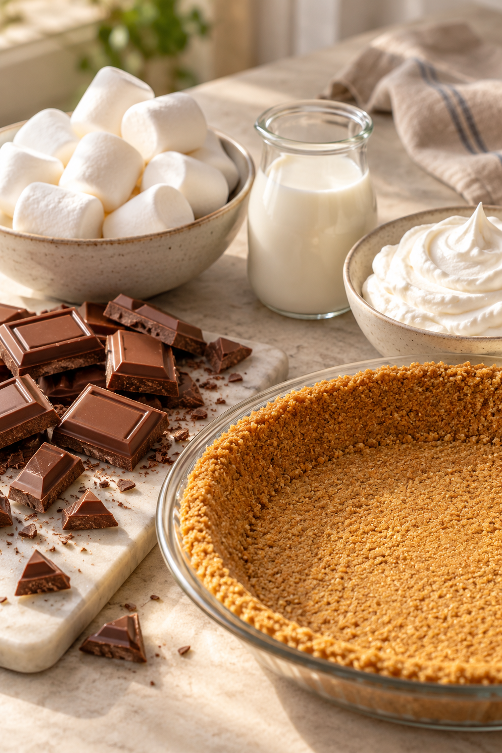 Hershey chocolate pie ingredients measured and arranged