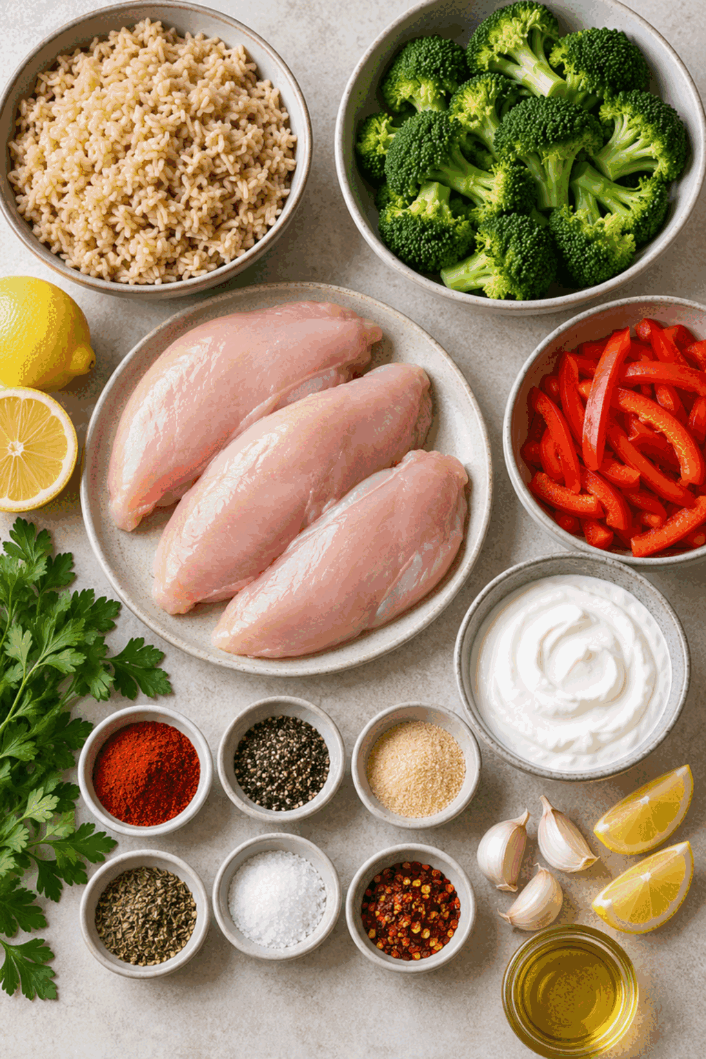 high protein meal prep ingredients arranged