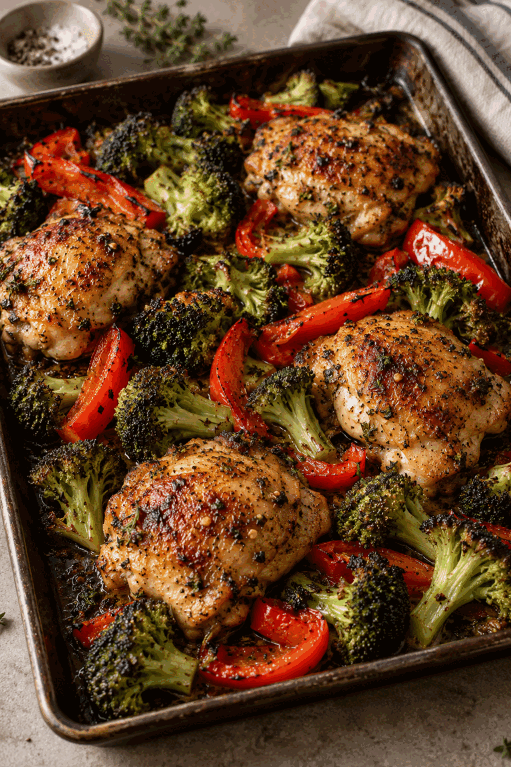 high protein meal prep chicken and vegetables roasting