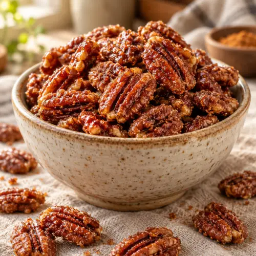 Homemade cinnamon sugar pecans in a serving bowl