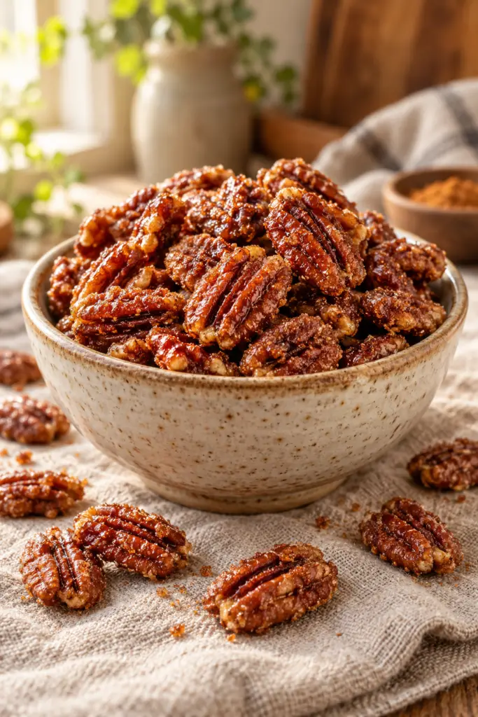 Homemade cinnamon sugar pecans in a serving bowl