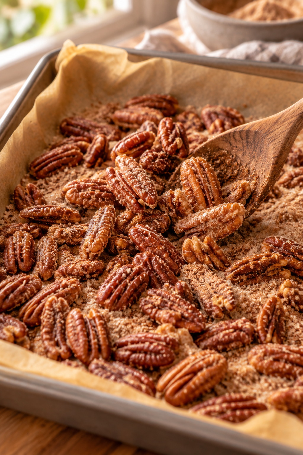 Baking process for homemade cinnamon sugar pecans