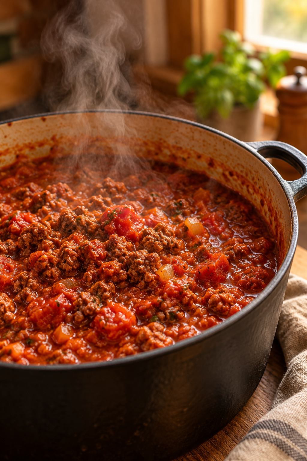 Cooking homemade meat sauce in a saucepan