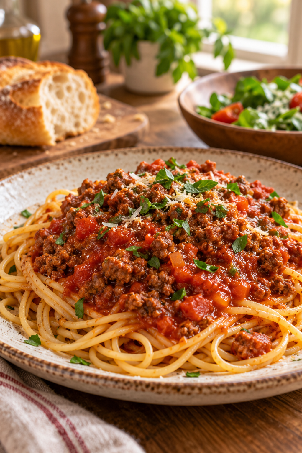 Finished homemade meat sauce served for dinner