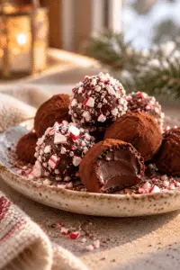Hot chocolate truffles with cocoa and peppermint toppings