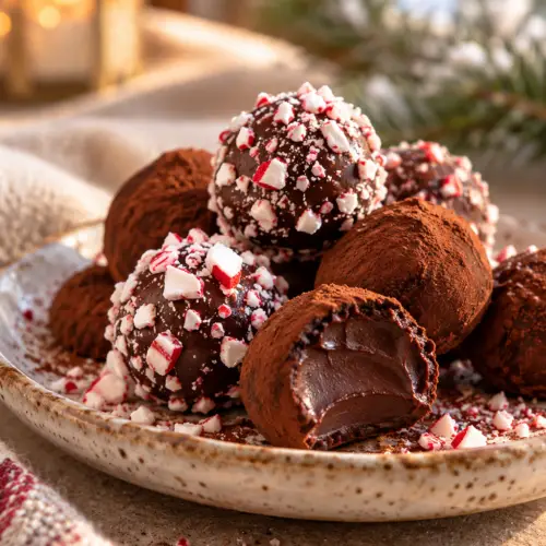 Hot chocolate truffles with cocoa and peppermint toppings