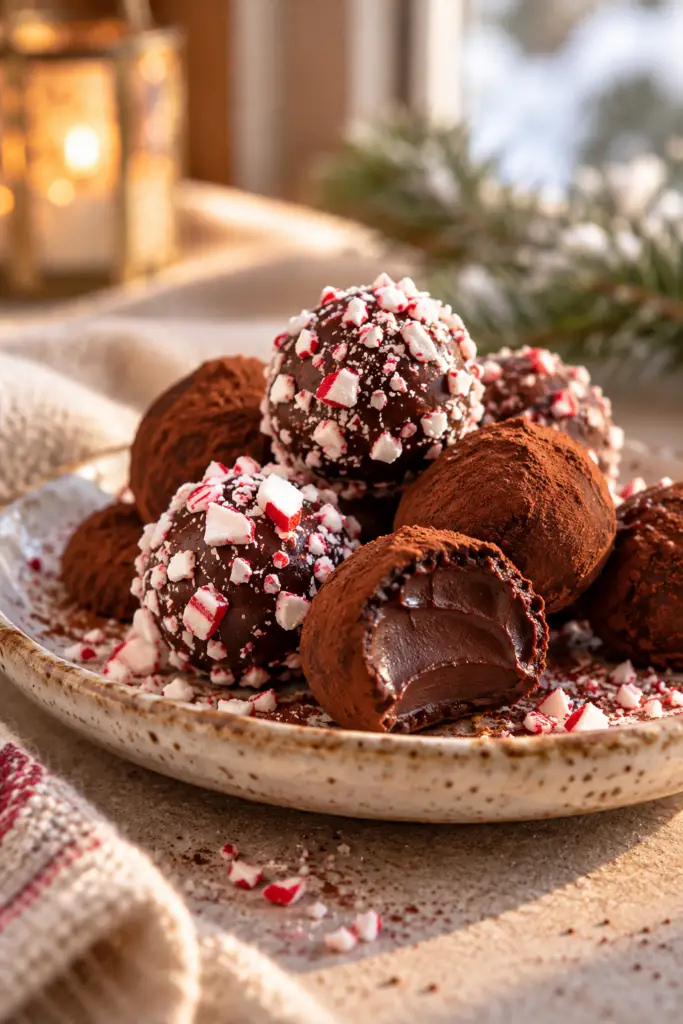 Hot chocolate truffles with cocoa and peppermint toppings