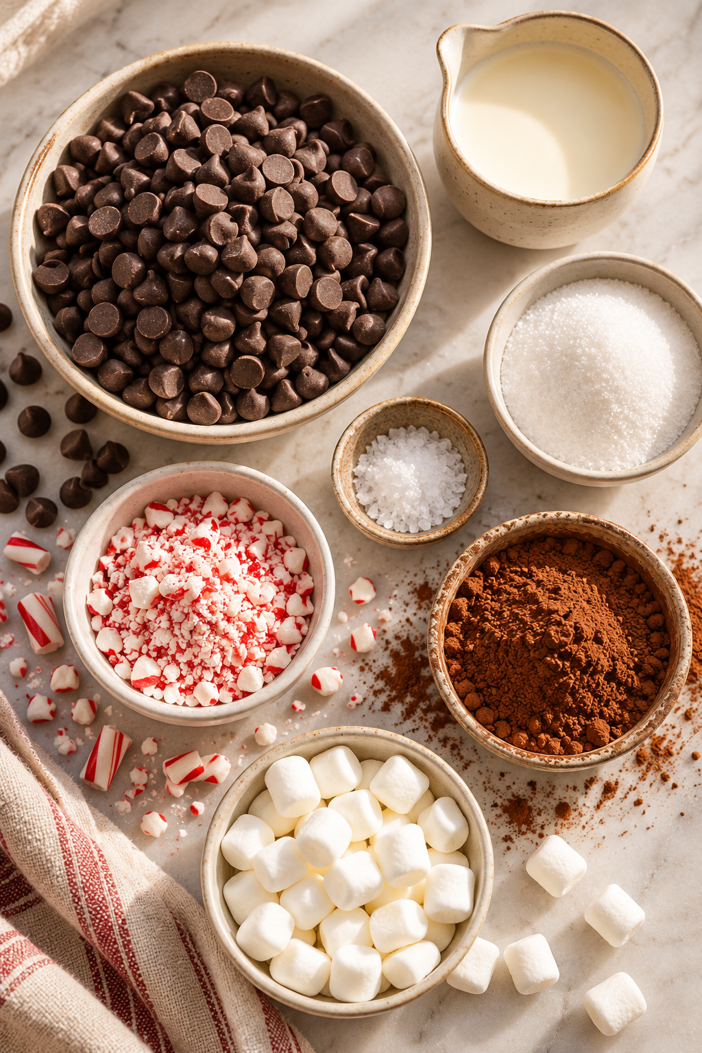 Ingredients for hot chocolate truffles arranged on a kitchen surface